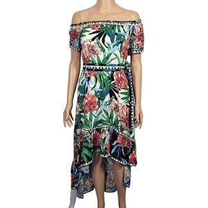 Flying Tomato Women's High Low Off the Shoulder Tropical/Botanical Dress Size S